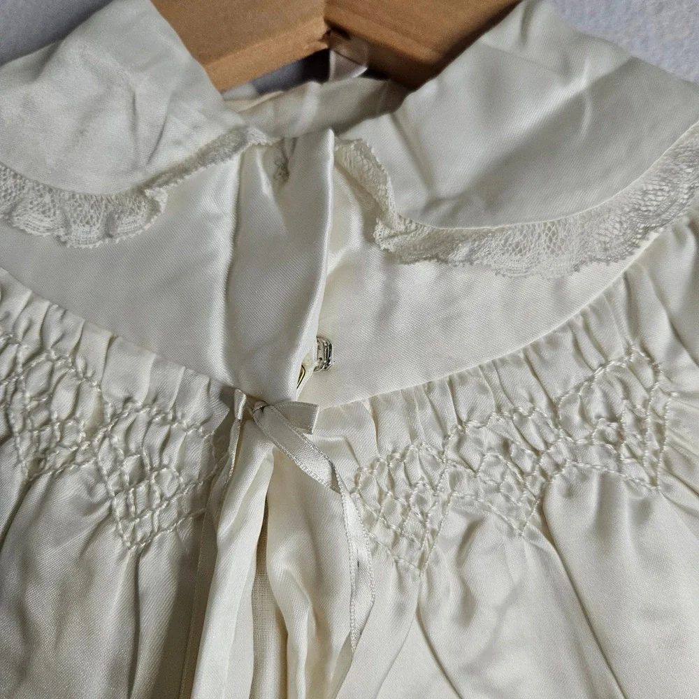 Vintage Ivory Satin Christening Gown Set Coat Bonnet Lace Smocked Baptism 6-9mos